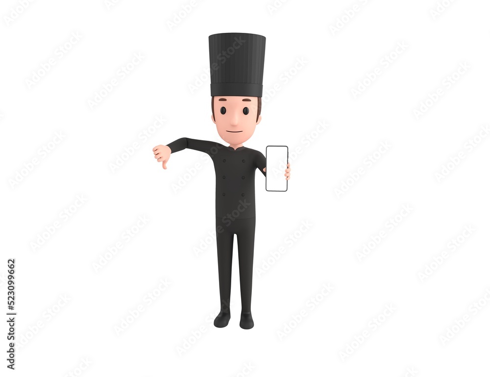 Chef In Black Uniform character show his phone and give thumb down in 3d rendering. Chef In Black Uniform character show his phone and give thumb down in 3d rendering.