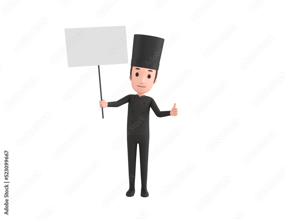 Chef In Black Uniform character holding a blank billboard and give thumb up in 3d rendering. Chef In Black Uniform character holding a blank billboard and give thumb up in 3d rendering.