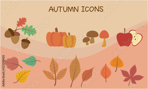 Vector set of autumn icons. Falling leaves, pumpkins acorns, pinecones, mushrooms, apples and old twigs.
Autumn icons for seasonal decoration and design. Vector illustration.