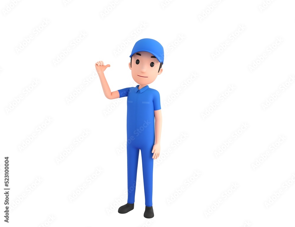 Mechanic character pointing back thumb up empty space in 3d rendering.
