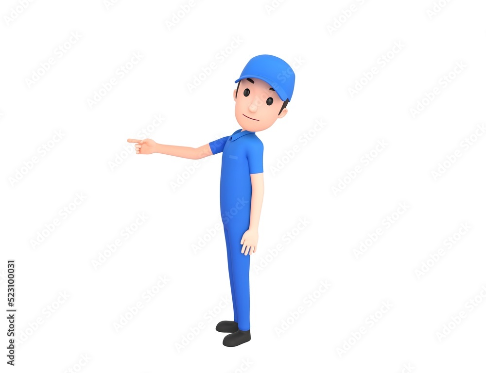 Mechanic character pointing index finger to the left in 3d rendering.