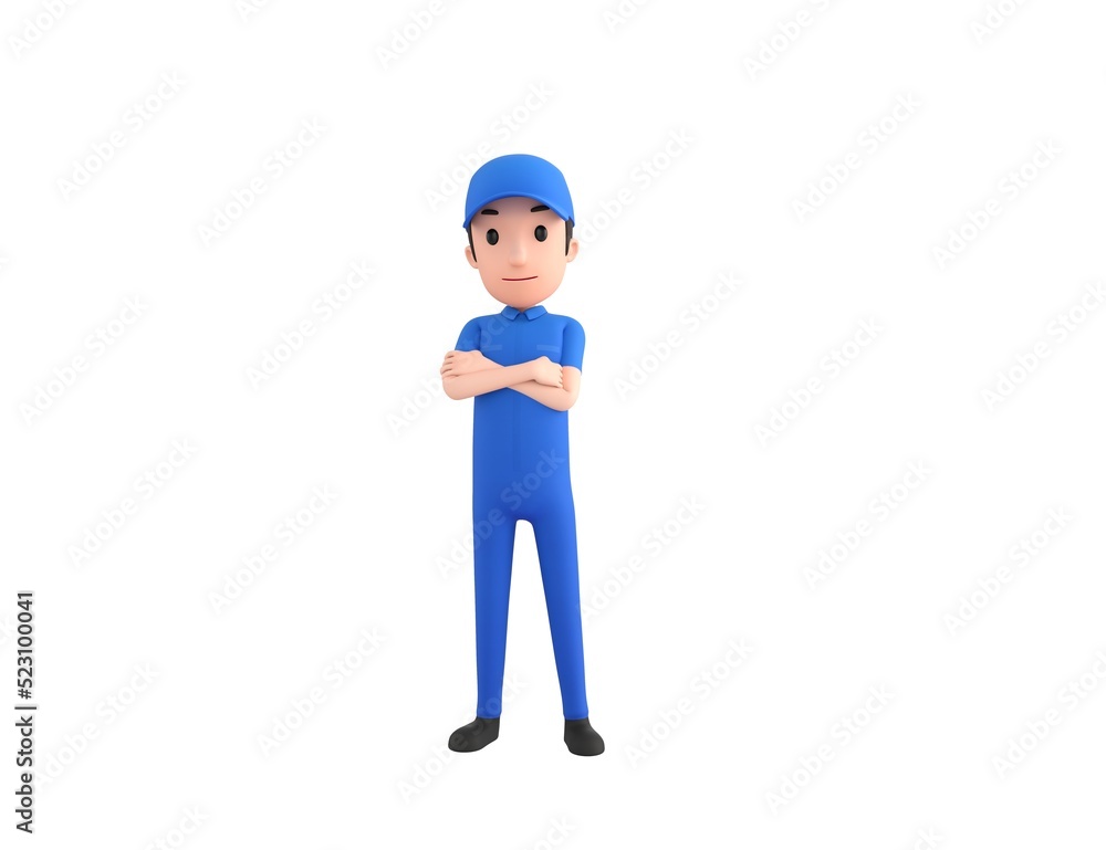 Mechanic character standing man with arms crossed in 3d rendering. Mechanic character standing man with arms crossed in 3d rendering.