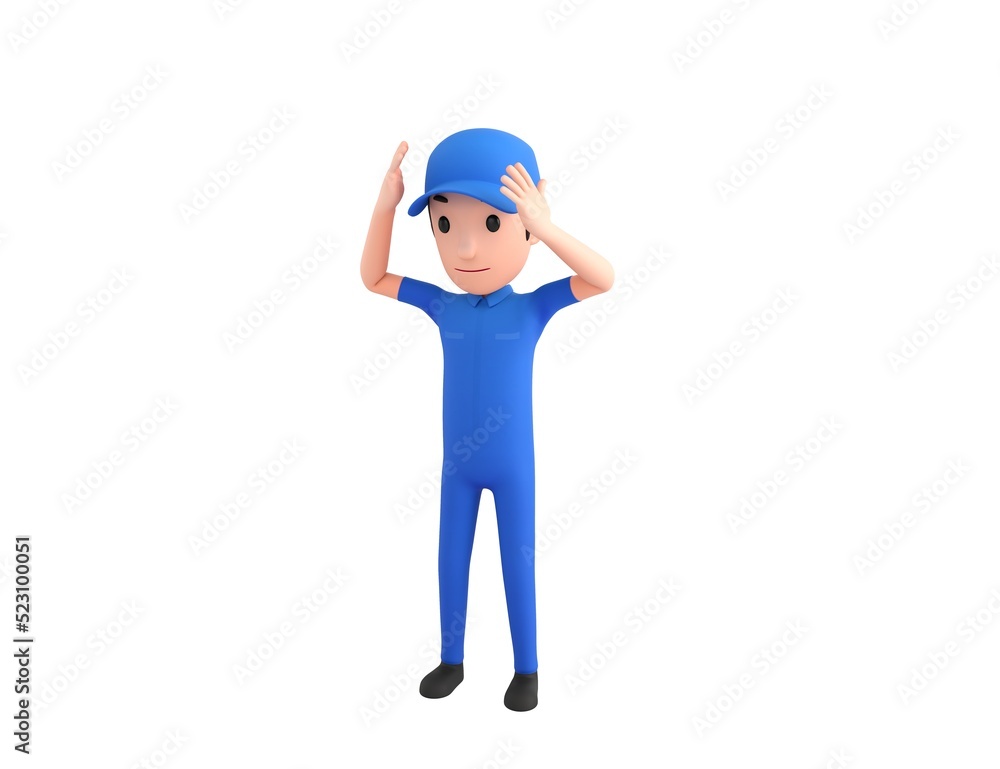Mechanic character with hand on head for pain in head because stress in 3d rendering. Mechanic character with hand on head for pain in head because stress in 3d rendering.