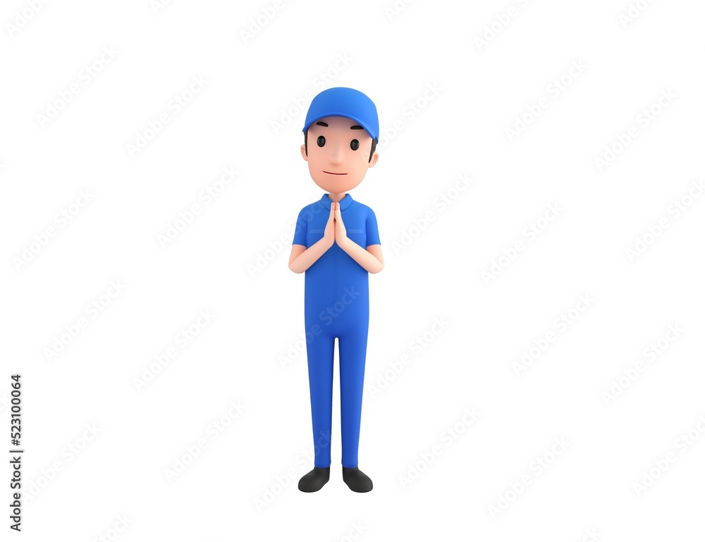 Mechanic character praying with hands held together in 3d rendering.