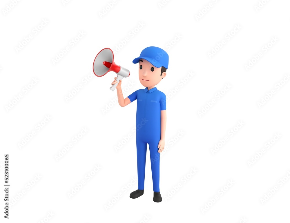 Mechanic character speaking in megaphone in 3d rendering. Mechanic character speaking in megaphone in 3d rendering.