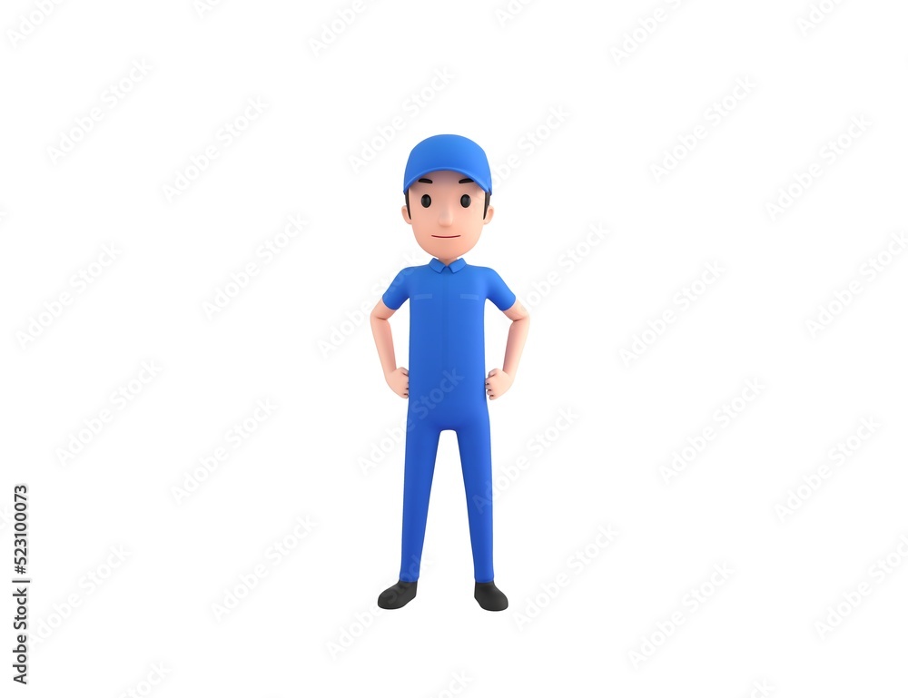 Mechanic character with hands on hip in 3d rendering.
