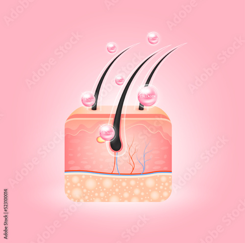 Collagen hair care over skin cells and Solutions hyaluronic acid. Are used for beauty advertisements. Medical science concept. 3D Realistic vector EPS10 illustration.