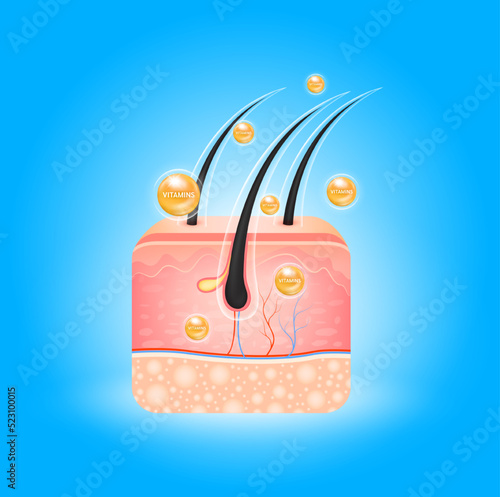 Vitamins hair care over skin cells and Collagen solutions hyaluronic acid. Are used for beauty advertisements. Medical science concept. 3D Realistic vector EPS10 illustration.