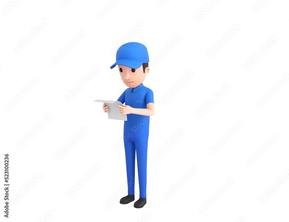 Mechanic character reading paper in 3d rendering. Mechanic character reading paper in 3d rendering.