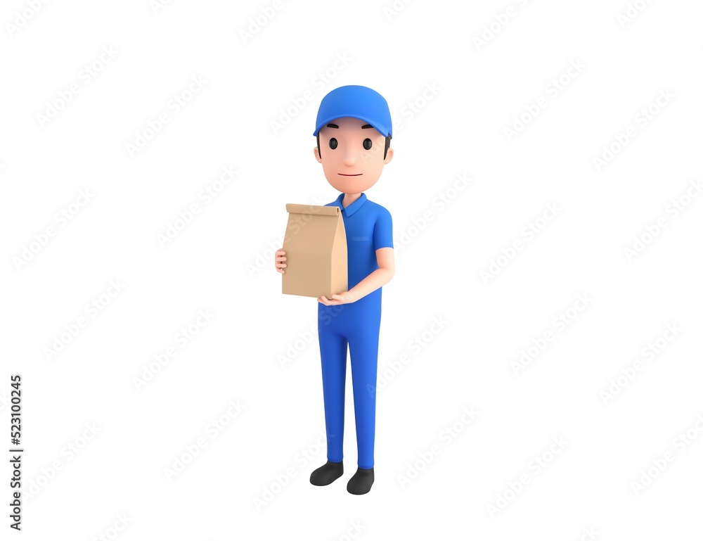 Mechanic character holding paper containers for takeaway food in 3d rendering. Mechanic character holding paper containers for takeaway food in 3d rendering.