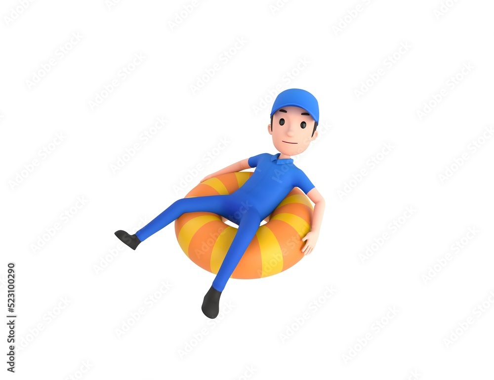 Mechanic character sitting on the inflatable ring in 3d rendering. Mechanic character sitting on the inflatable ring in 3d rendering.
