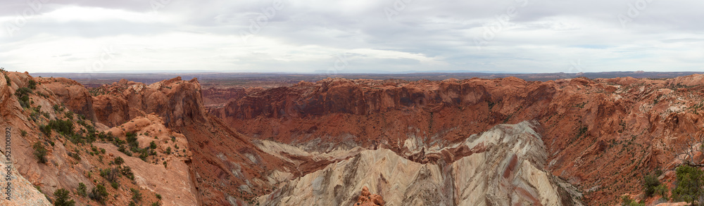Scenic Panoramic View of American Landscape and Red Rock Mountains in Desert Canyon. Colorful Sky. Canyonlands National Park. Utah, United States. Nature Background Panorama