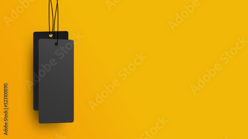 Price tags black color hangs on yellow background. Blank space for sale text. Vector illustration.