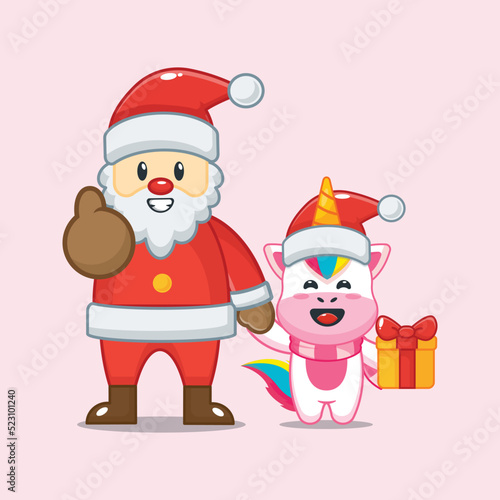 Cute unicorn with santa claus. Cute christmas cartoon illustration.