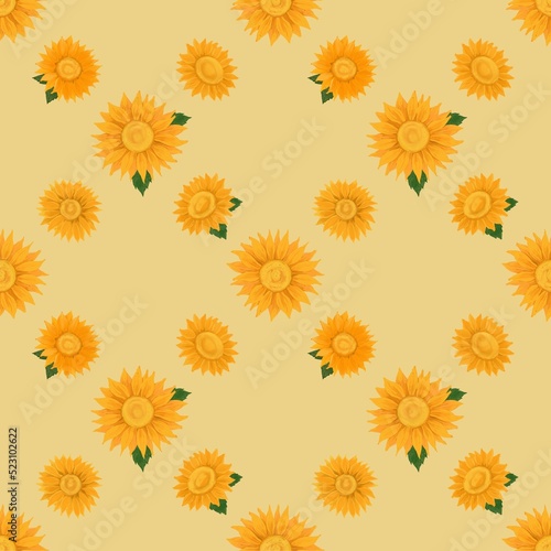 Illustration seamless patterns drawing of yellow petal sunflower blooming, diagonal plaid repeat pattern arranged on yellow background for fashion fabric textiles, wallpaper, paper wrapping