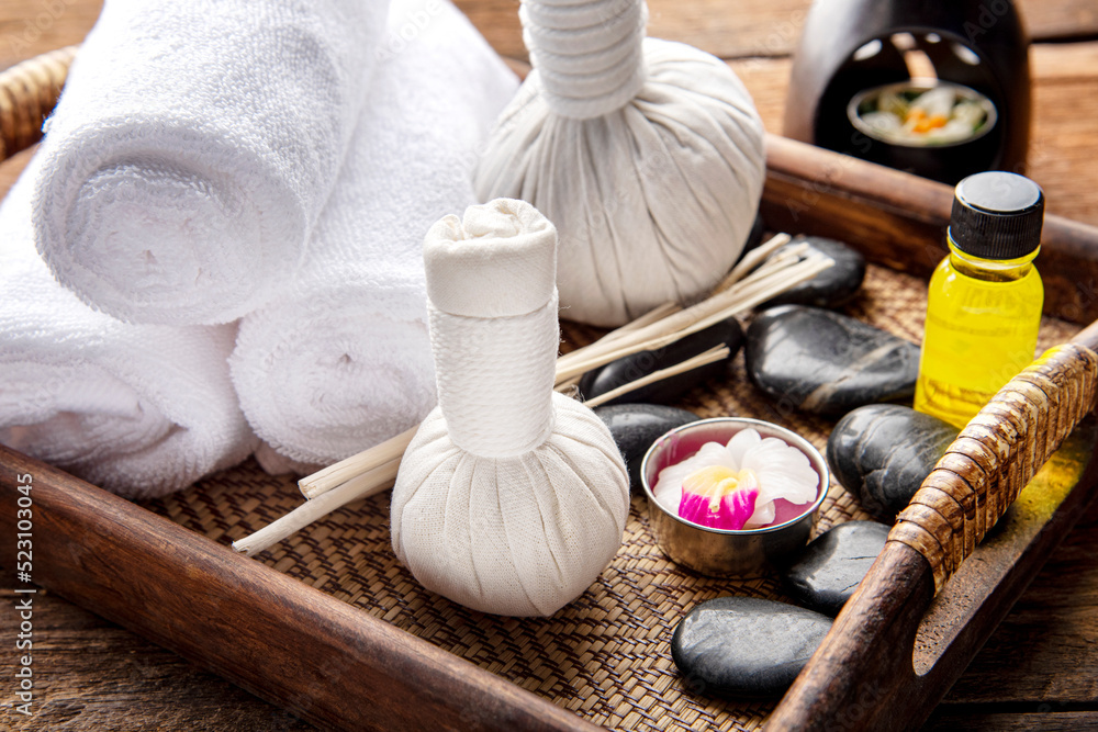 Spa massage compress balls, herbal ball. Massage and Spa Thailand concept. Spa massage compress balls, herbal ball. Massage and Spa Thailand concept.