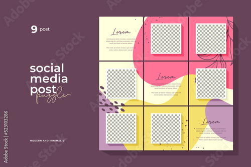 instagram puzzle template, abstract element instagram post design, pastel background, instagram puzzle feed pack template.