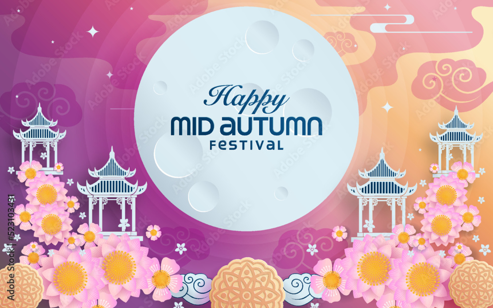 Mid autumn festival paper art style with full moon, moon cake, chinese lantern and rabbits on background
 - obrazy, fototapety, plakaty 