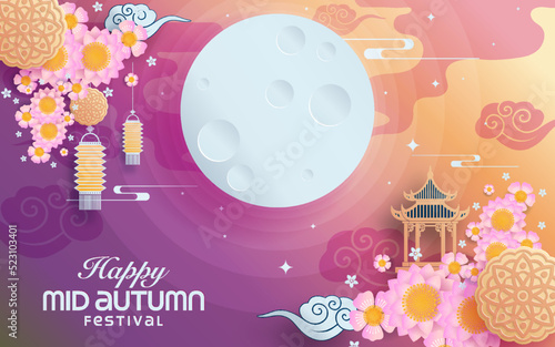 Mid autumn festival paper art style with full moon, moon cake, chinese lantern and rabbits on background
