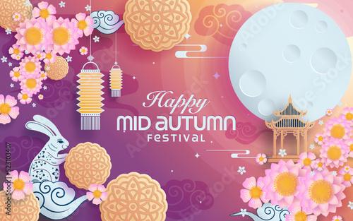 Mid autumn festival paper art style with full moon, moon cake, chinese lantern and rabbits on background
