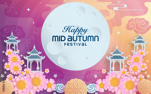 Mid autumn festival paper art style with full moon, moon cake, chinese lantern and rabbits on background
