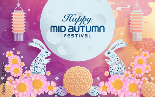 Mid autumn festival paper art style with full moon, moon cake, chinese lantern and rabbits on background
