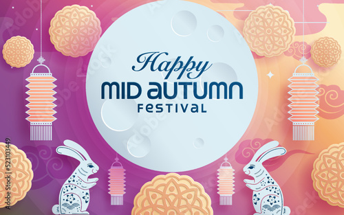 Mid autumn festival paper art style with full moon, moon cake, chinese lantern and rabbits on background
