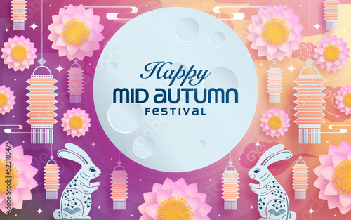 Mid autumn festival paper art style with full moon, moon cake, chinese lantern and rabbits on background
