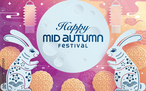 Mid autumn festival paper art style with full moon, moon cake, chinese lantern and rabbits on background
