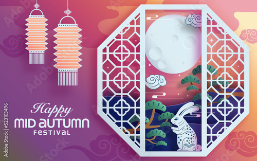 Mid autumn festival paper art style with full moon, moon cake, chinese lantern and rabbits on background
