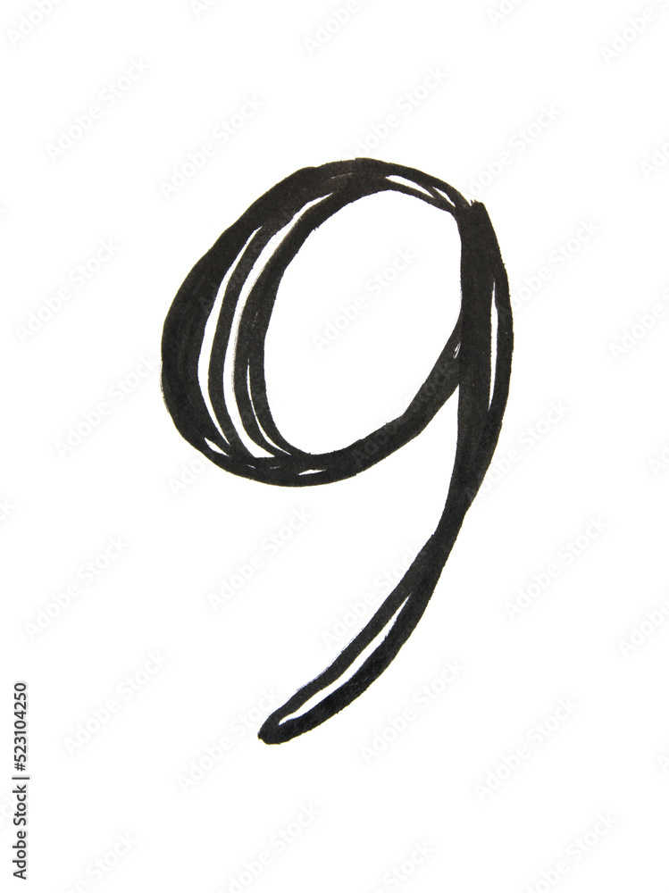 Hand-drawn lettering number nine isolated on white background. Object 9 drawing black marker. Calligraphy art for writing card, notebook sketch book, sticker. Creative doodle clipart for planners Hand-drawn lettering number nine isolated on white background. Object 9 drawing black marker. Calligraphy art for writing card, notebook sketch book, sticker. Creative doodle clipart for planners