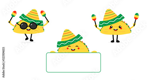 Set, collection of cute cartoon style taco characters holding banner, dancing with maracas, wearing sombrero.
