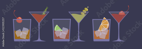 Alcoholic cocktails set: martini, old fashioned, cosmopolitan, manhattan, rum cola and negroni with ice and garnish in flat style on purple background. Vector illustration, banner
