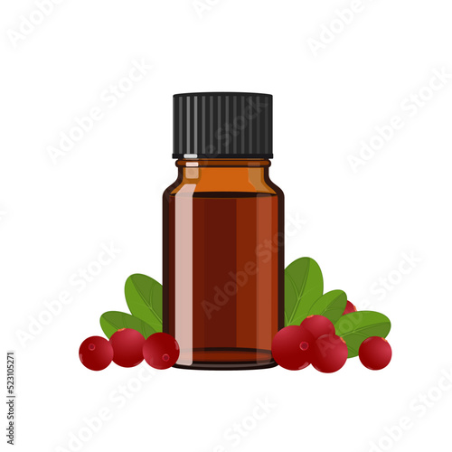 Cranberry essential oil in brown glass bottle, herbal alternative medicine treatment product, vector Illustration on white background