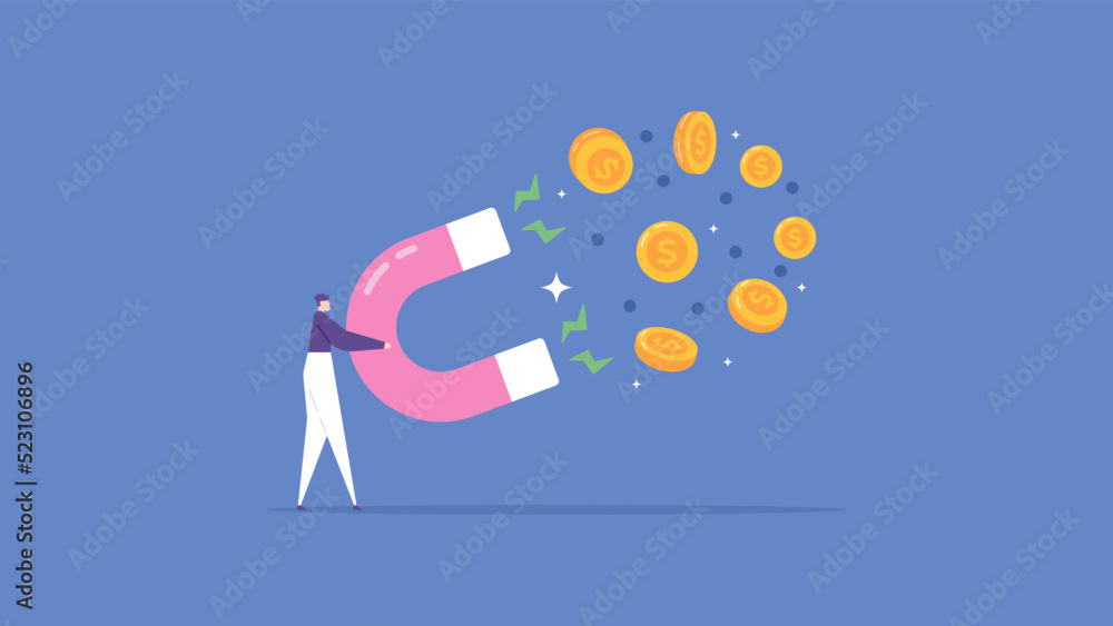 digital marketing and promotion. attract the attention of followers, audience, customers, clients to get a lot of money and profit. an entrepreneur or influencer uses a magnet to attract coins.