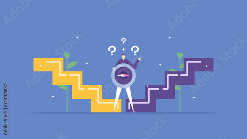 guide, help, or hint for success. business people are confused and use a compass to choose or guide to the right stairs. the road to success. business and travel. flat cartoon illustration. concept