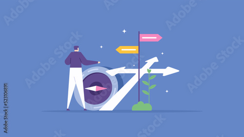 guide, help, or hint for success. business people are confused and use a compass to choose or guide to the right path. the road to success. business and travel. flat cartoon illustration. concept