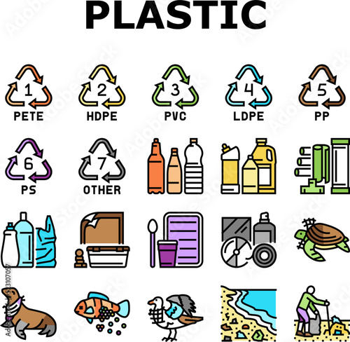Plastic Waste Nature Environment Icons Set Vector. Bottle And Container, Package And Bag, Bird And Turtle, Seal And Fish With Plastic Waste. Volunteer Cleaning Beach Color Illustrations