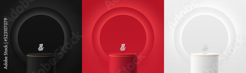 Set of realistic 3d background with cylinder stand podium. Black, red, white glowing light circles layers scene. Abstract minimal scene mockup products display, Stage showcase. Vector geometric forms.