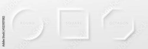 Set of realistic 3d geometric octagon, circle and square frame on white background in neumorphism style. Collection of Minimal frames isolated vector background with copy space. Top view design. photo