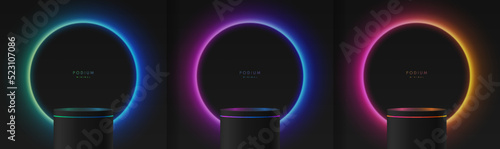 Set of realistic 3d background with black cylinder podium. green, red, blue and orange glowing neon light circle scene. Abstract minimal scene products display, Stage showcase. Vector geometric forms.