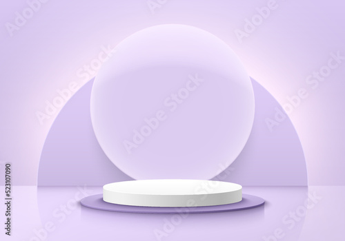 White, purple luxury geometric pedestal podium with glowing semi circle background. Vector abstract studio room with 3D platform design. Minimal scene for mockup products. Showcase, Promotion display.