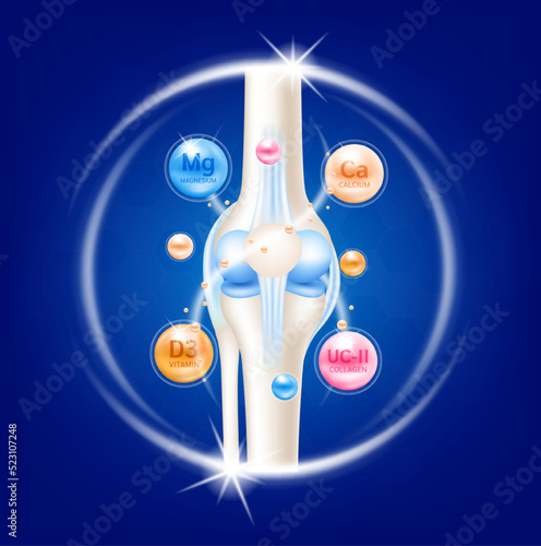 Bone with magnesium, calcium, vitamin D3 and collagen. Supplement bones arthritis knee joint pain in leg on blue background. Medical healthcare skeleton x ray scan concept. Vector EPS10 illustration.
