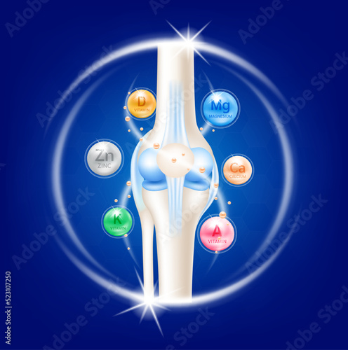 Bone with Calcium, Vitamins, Magnesium and Zinc. Dietary supplement bones. Arthritis knee joint pain in leg. Medical healthcare skeleton x ray scan concept. Vector EPS10 illustration.