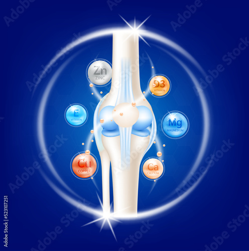Joint treatment bone with Calcium, Magnesium, Vitamins, Copper and Zinc. Arthritis knee pain in leg. Medical healthcare skeleton x ray scan concept. Vector EPS10 illustration.