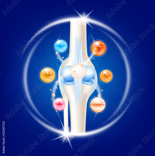 Bone with omega 3, glucosamine and vitamins. Joint treatment arthritis knee pain in leg on a blue background. Medical healthcare skeleton x ray scan concept. Vector EPS10 illustration. photo