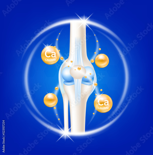 Calcium help heal arthritis knee joint, pain in leg. Healthy bone skeleton x ray scan. On a blue background. Used for nutrition products food template design. 3D Vector EPS10.