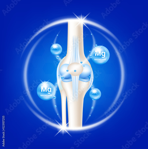 Magnesium help heal arthritis knee joint, pain in leg. Healthy bone skeleton x ray scan. On a blue background. Used for nutrition products food template design. 3D Vector EPS10.