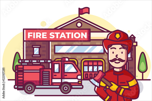 Fire fighter in front of fire station with fire truck