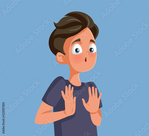 Teen Boy Denying and Refusing Making Stop Gesture Vector Illustration. Teenager feeling shy pushing away with hand gesture
